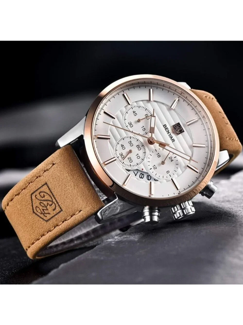 Mens Brown Silver Analog Quartz Leather Strap Chronograph Waterproof Wrist Watch